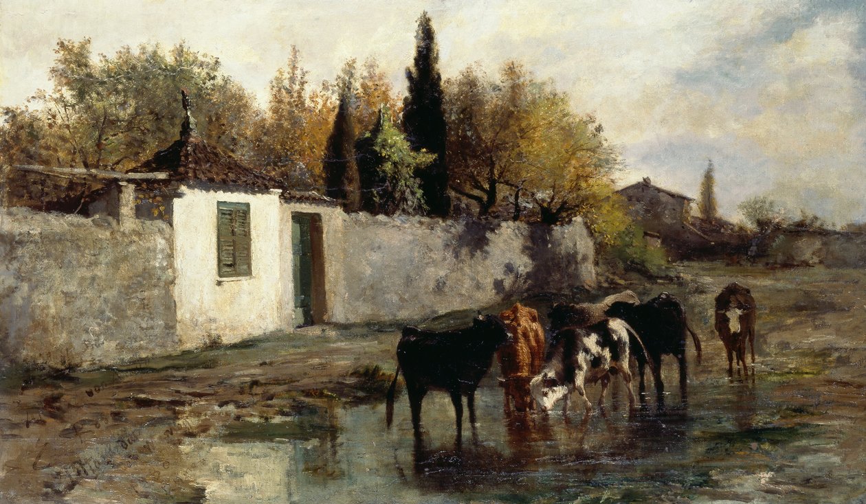 Vacas no cocho, por Carlo Pittara (1836-1891) de Carlo Pittara