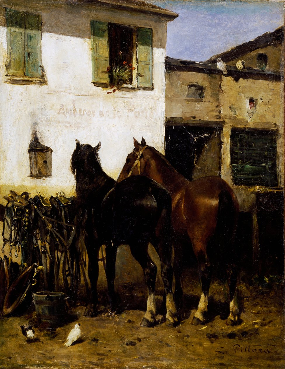 Pós-cavalos, pintura de Carlo Pittara (1836-1891), óleo sobre tela, 41x32 cm, Itália de Carlo Pittara