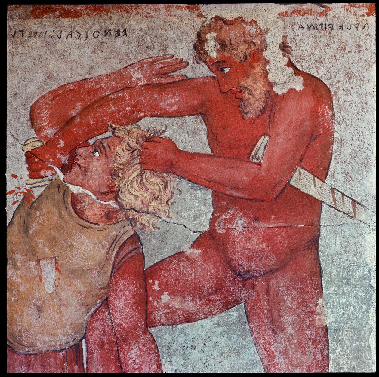A civilização etrusca: "representação do sacrifício dos prisioneiros de Tróia em homenagem a Patroclus" reprodução por Carlo Ruspi (1786-1863) dos afrescos do século IV a.C. do Túmulo de François de Vulci. Florença, Museu Arqueológico de Carlo Ruspi