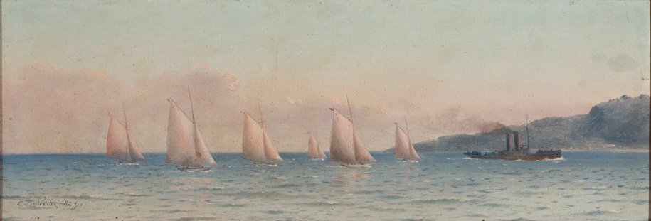  Seascape with Sailing Competition and a TowboatnPortugues: Marinha com Regata a Velas e Rebocadorn de Carlos Balliester