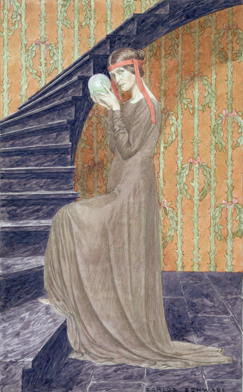 Mulher jovem, em, estilo estético, vestido, segurando, um, esfera, 1894 de Carlos Schwabe