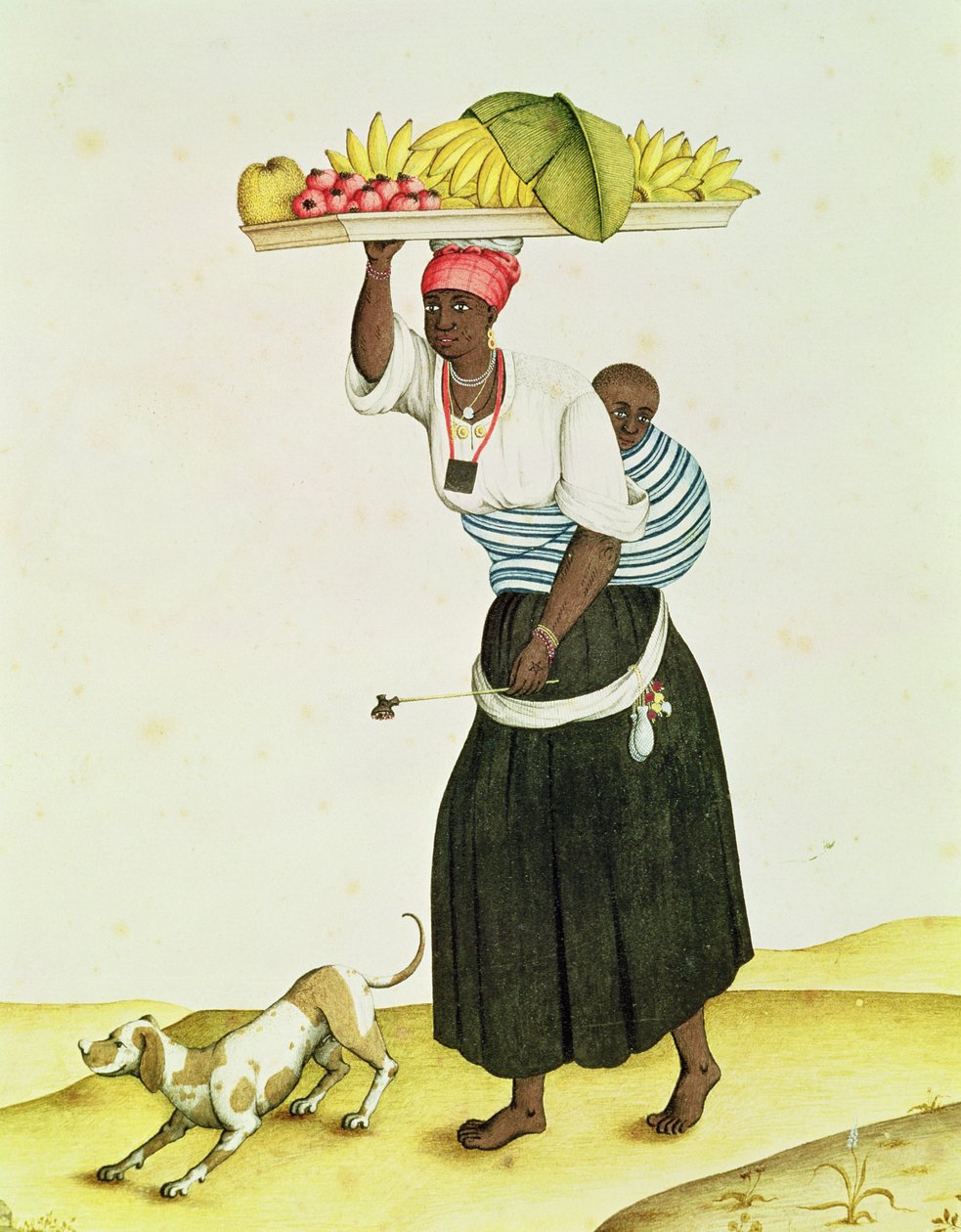 Uma mulher carregando uma bandeja de frutas na cabeça dela de Carlos Juliao