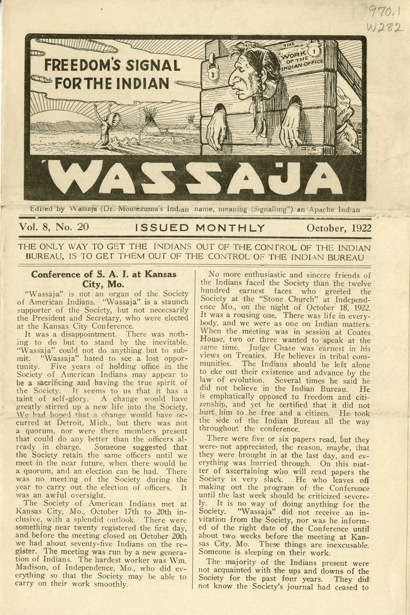 Edição de Wassaja, Vol. 8, No. 20, Outubro de 1922 de Carlos Montezuma