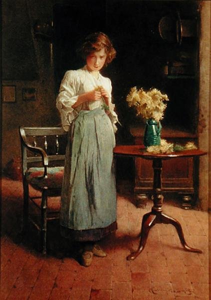 Garota em uma casa de campo por uma mesa e cadeira (aquarela sobre papel) de Carlton Alfred Smith