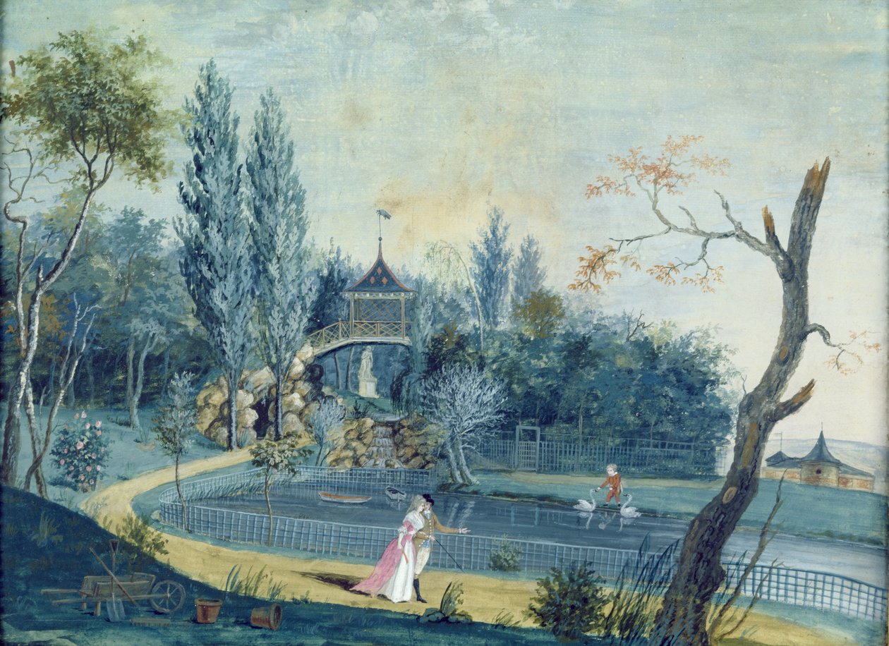 O lago e o pavilhão chinês no parque em Le Raincy, c.1754-93 de Louis Carrogis dit Carmontelle