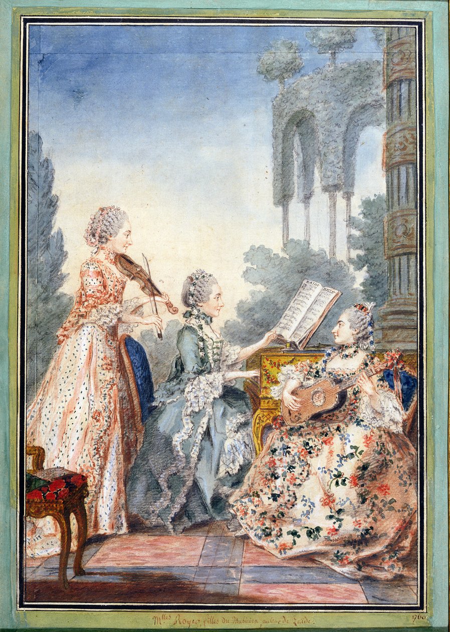 As três filhas do compositor Joseph-Nicolas-Pancrace Royer (c.1705-55) tocando música de seu balé Zaide, c.1760 de Louis Carrogis dit Carmontelle