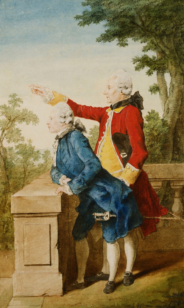O príncipe de Saxe-Gotha com seu tutor, Barão d "Hel ... em um terraço, 1768 de Carmontelle