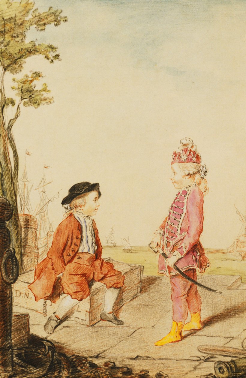 Os dois jovens irmãos de Neuville, em um cais, 1767 de Carmontelle