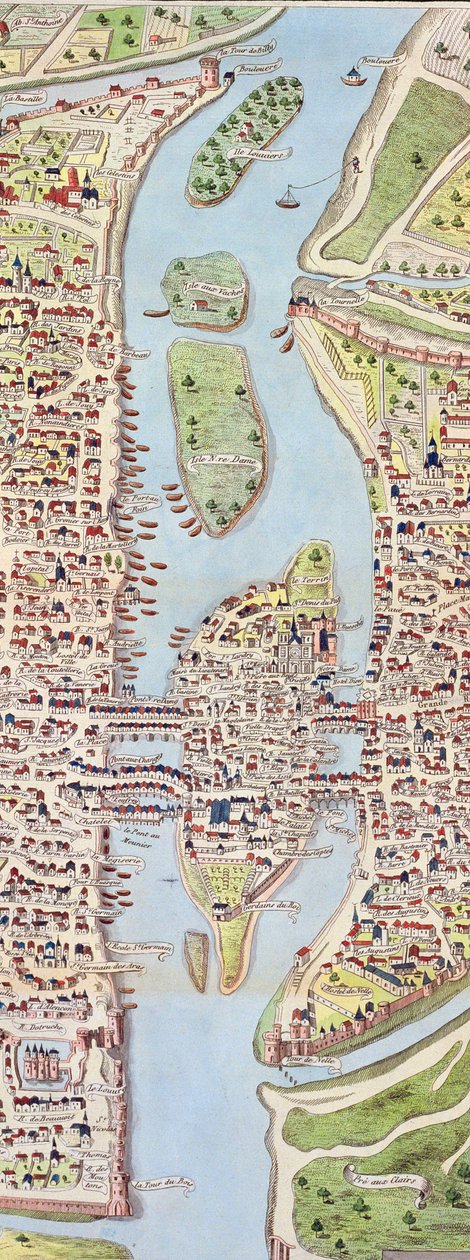 Detalhe da Ile de la Cité, do mapa de Paris c. 1540, conhecido como o Plano de la Tapisserie, feito como uma tapeçaria c.1570, 1818 cor gravura de Caroline Naudet