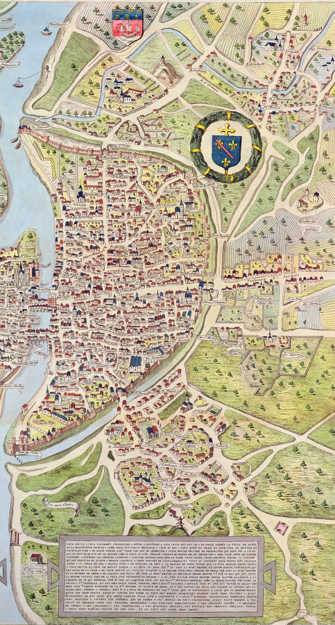 Detalhe da Margem Esquerda, do mapa de Paris c. 1540, conhecido como o Plano de la Tapisserie, feito como uma tapeçaria c.1570, 1818 cor gravura de Caroline Naudet
