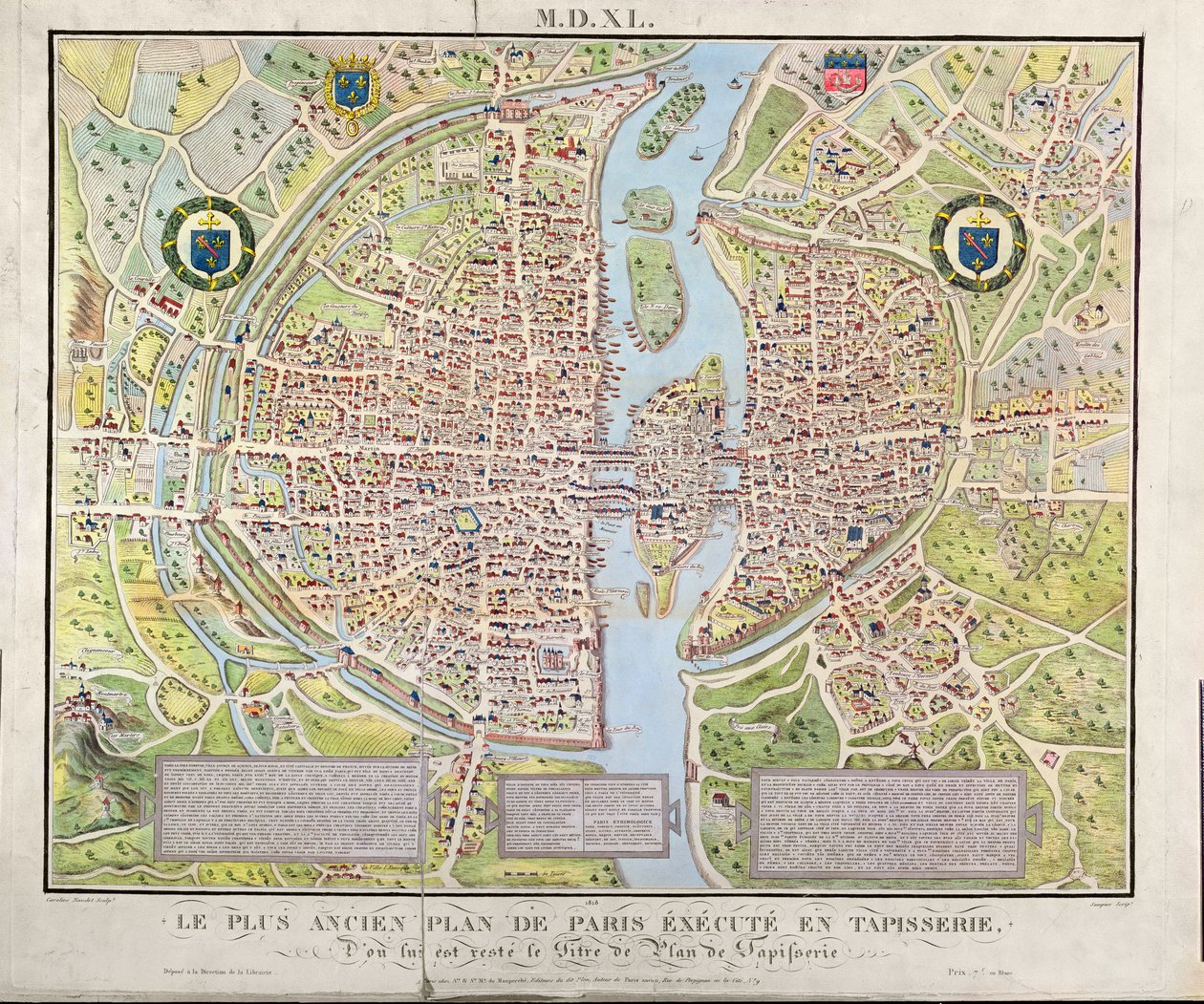 Mapa de Paris c.1540, conhecido como o Plano de la Tapisserie, feito como uma tapeçaria c.1571, 1818 (gravura a cores) de Caroline Naudet