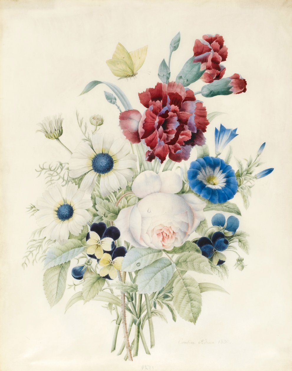 Um spray de flores, incluindo uma rosa, um convólvulo azul e amores-perfeitos, 1830 (wc und bodycolour no papel) de Caroline Adrien