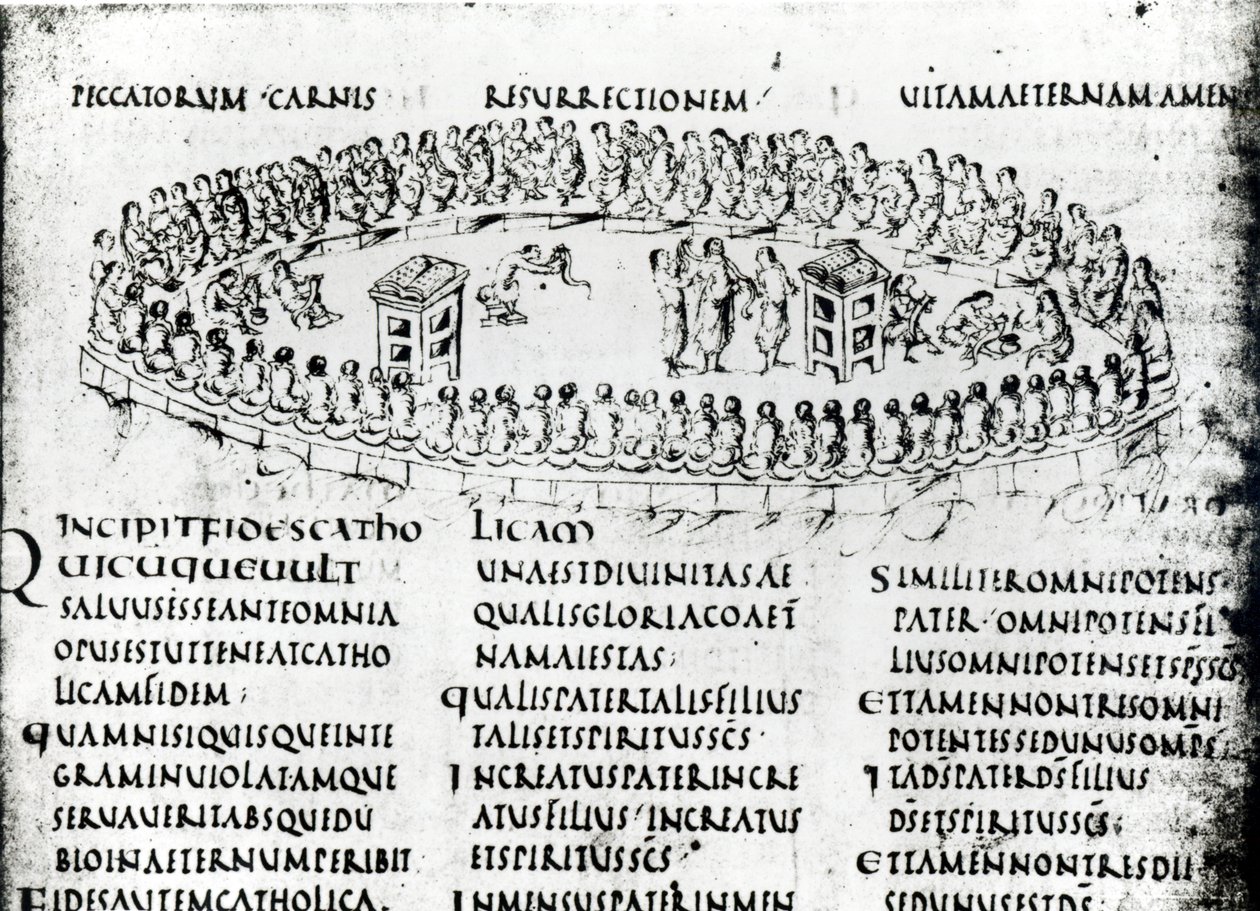 Ilustração de uma cena de um dos Salmos, do Utrecht Psalter, cópia do original de Reims agora na Biblioteca da Universidade de Utrecht (caneta e tinta) de Carolingian School