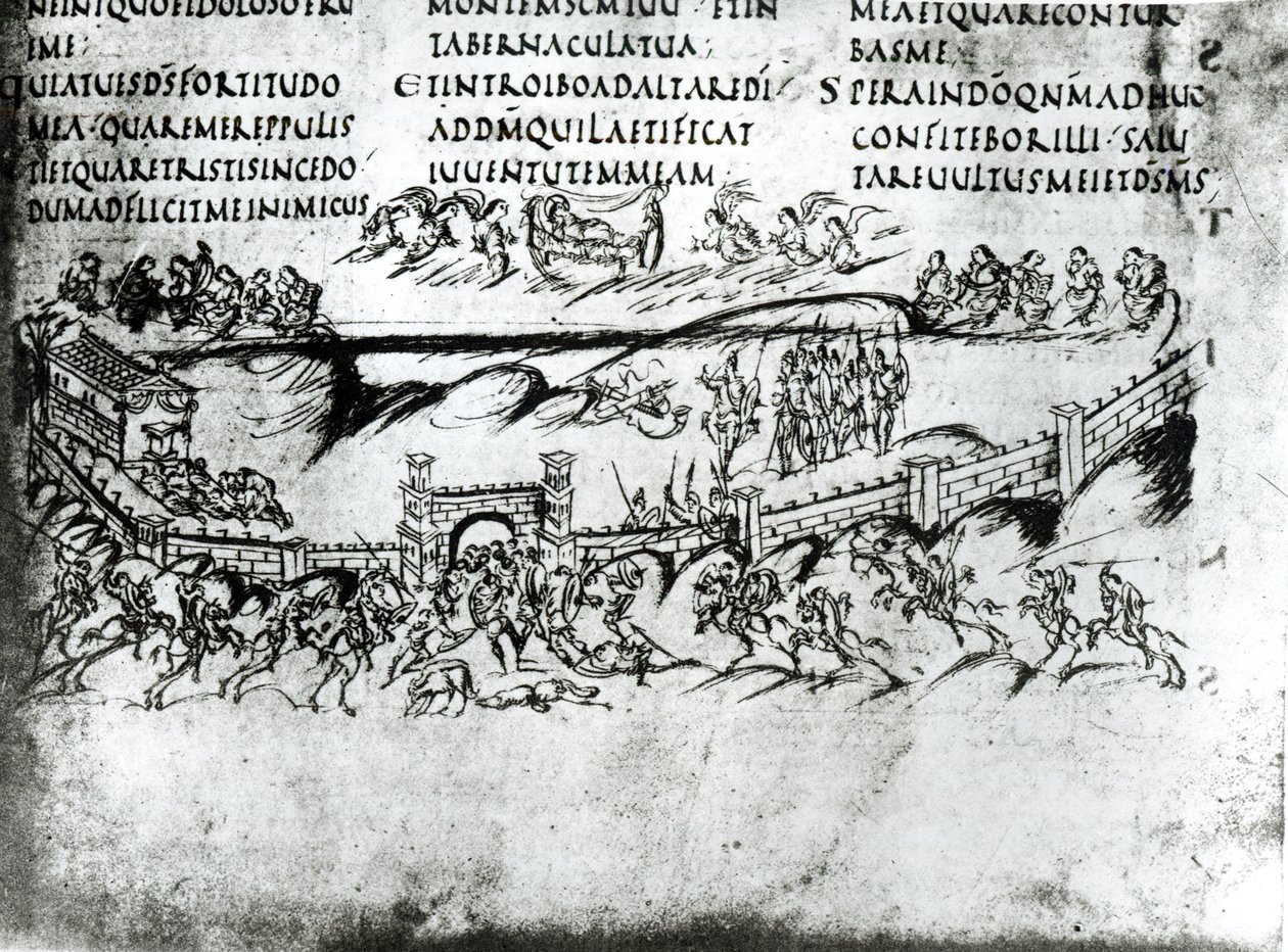 Ilustração de várias cenas do Salmo 43, incluindo o versículo Despertai, por que dorme, ó Senhor , do Utrecht Psalter, cópia do original de Reims agora na Biblioteca da Universidade de Utrecht de Carolingian School