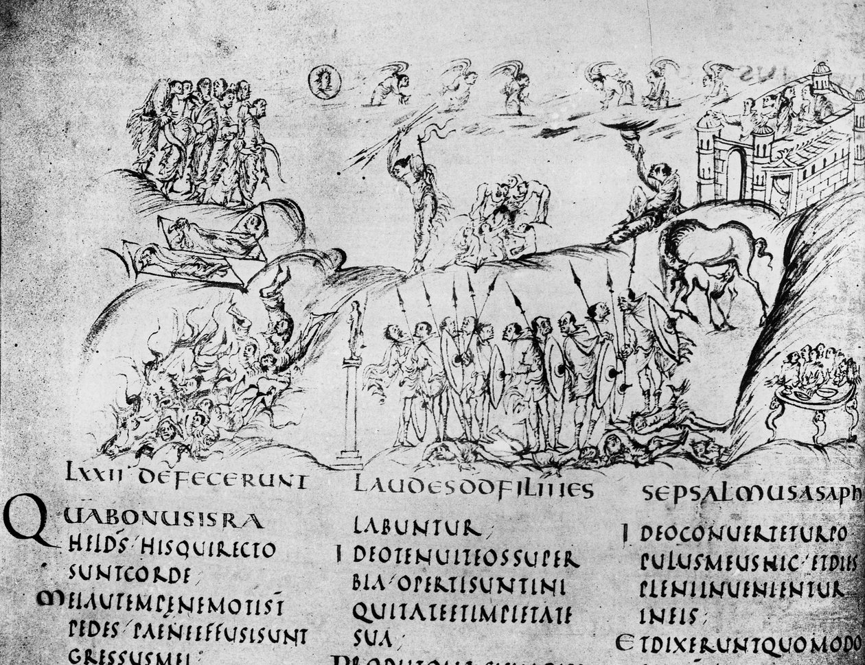 Ilustração de várias cenas de um dos Salmos, do Utrecht Psalter, cópia do original de Reims agora na Biblioteca da Universidade de Utrecht (caneta e tinta) de Carolingian School