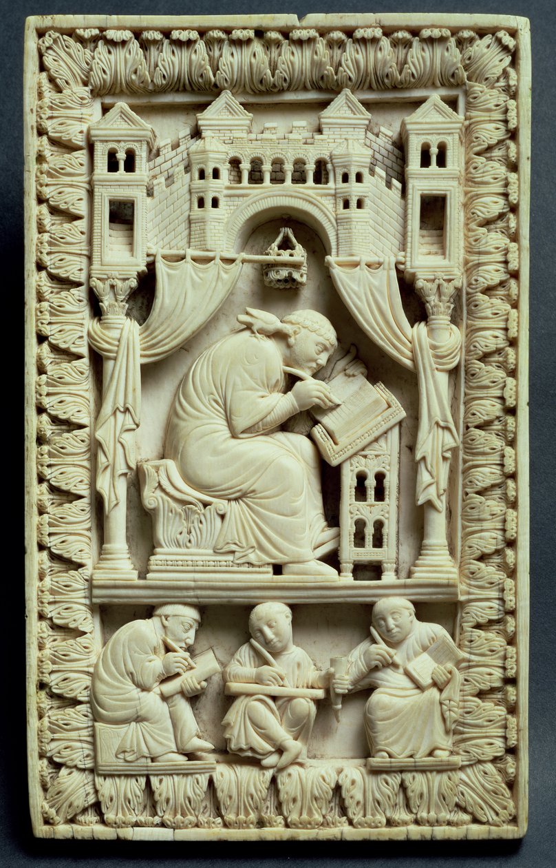 São Gregório escrevendo com escribas abaixo, Escola Franco-Alemã, c.850-875 de Carolingian School