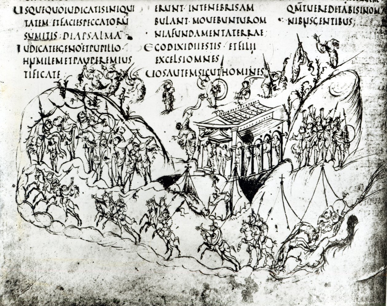 Várias cenas ilustrando um salmo, do Utrecht Psalter, cópia do original de Reims agora na Biblioteca da Universidade de Utrecht (caneta e tinta) de Carolingian School