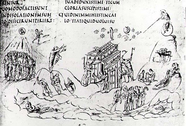 Várias cenas que ilustram um dos Salmos, do Utrecht Psalter, cópia do original de Reims agora na Biblioteca da Universidade de Utrecht (caneta e tinta) de Carolingian School