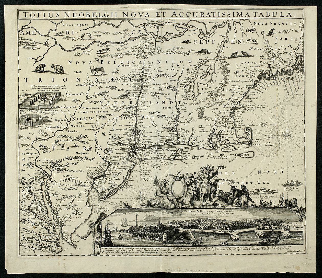 Toda Neobelgii mapa novo e exato, mapas, 1674, 1674 mapa impresso, tinta no papel de Carolus Allardt