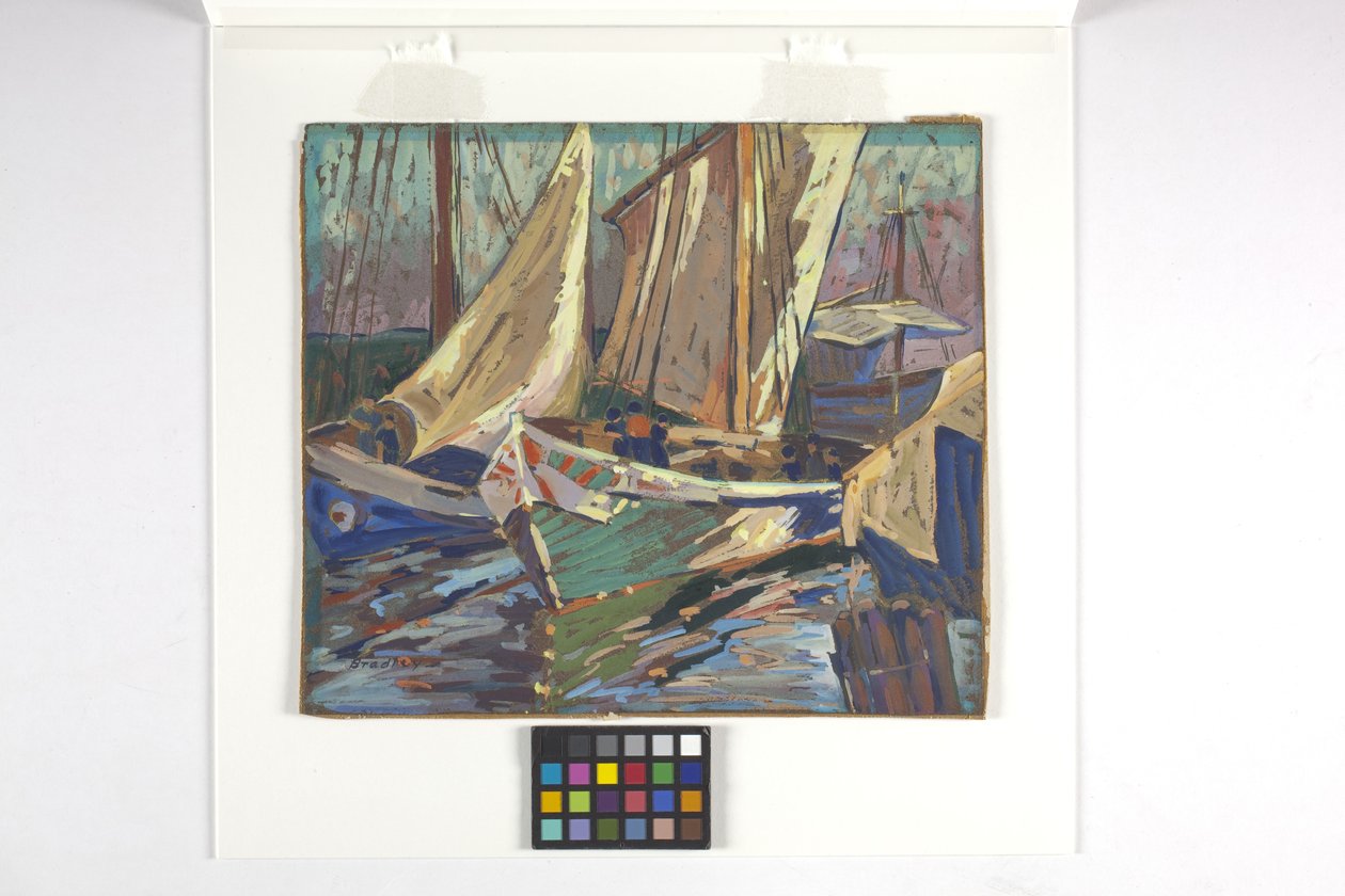 Barcos de pesca no porto (guache sobre papel castanho) de Carolyn Bradley