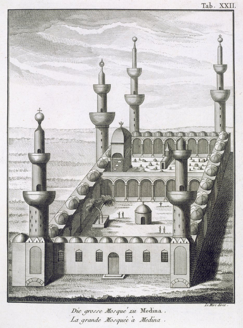 A Grande Mesquita de Medina, das Viagens à Arábia e Outros Países do Oriente, gravada por Le Mire, publicada em 1780 de Carsten Niebuhr