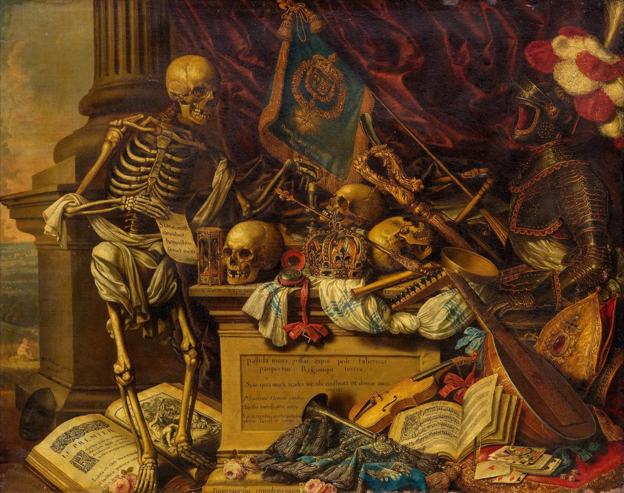 Vanitas Still Life com instrumentos musicais, livros, partituras, esqueleto, caveira e armadura, século XVII de Carstian Luyckx