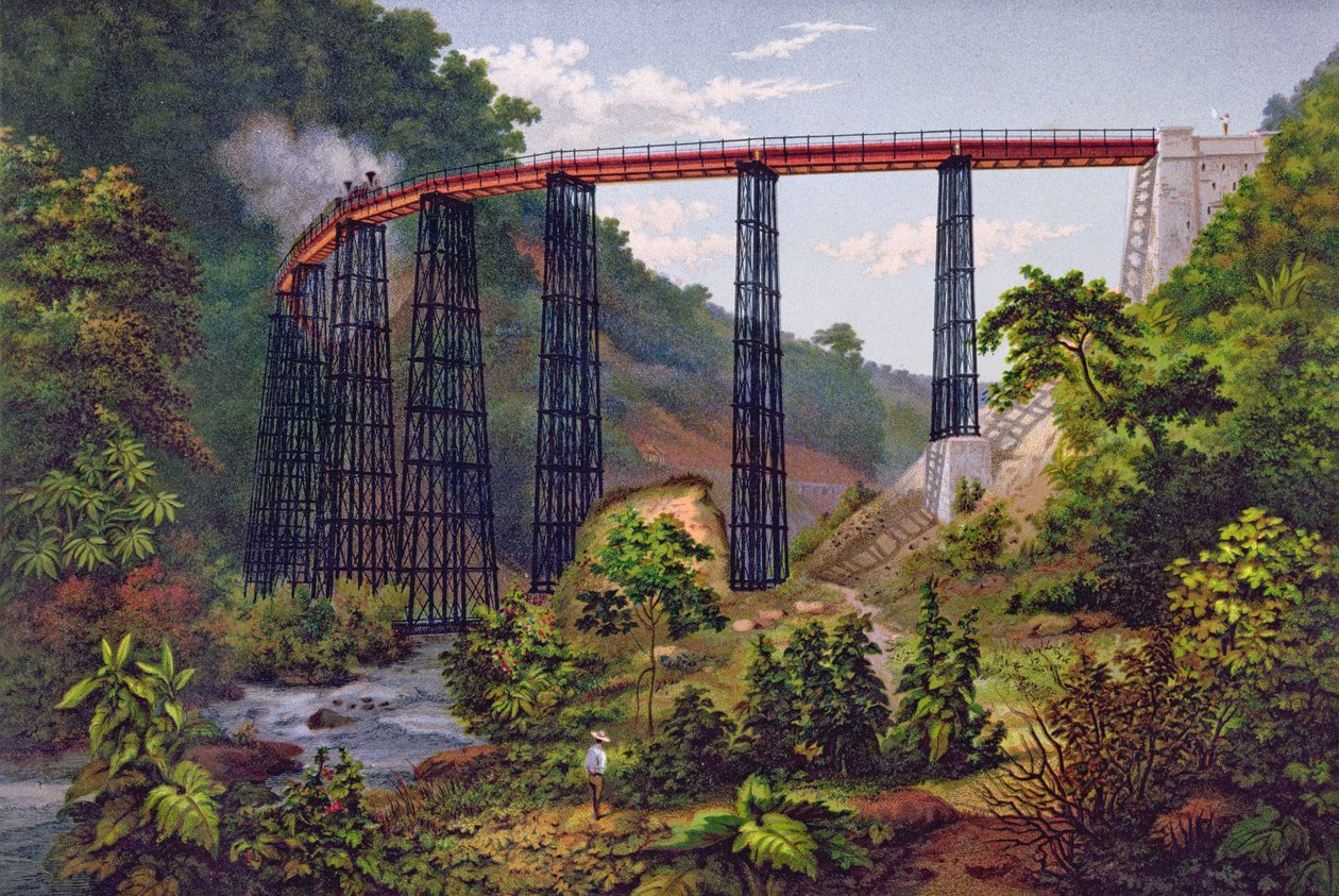 Ponte ferroviária em Metlac, de &39;Álbum da Ferrovia Mexicana&39; por Antonio Garcia Cubas, publicado em 1878 (chromolitho) de Casimiro Castro