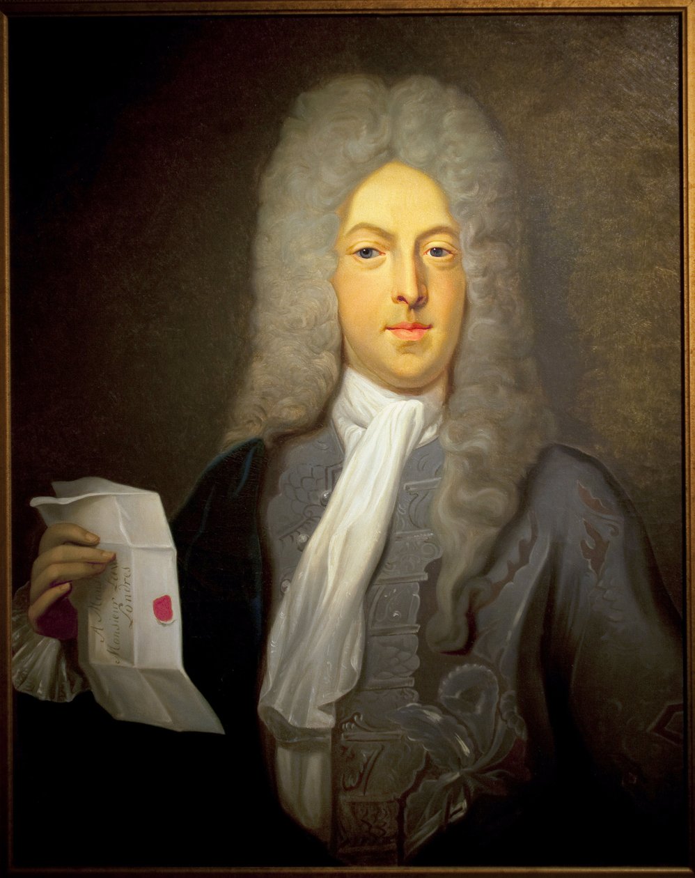 Retrato de John Law (1671-1729), financista e controlador financeiro escocês na França, responsável pela falência de 1720. Pintura de Casimir Balthazar (1811-1875), Óleo sobre tela de Casimir de Balthasar