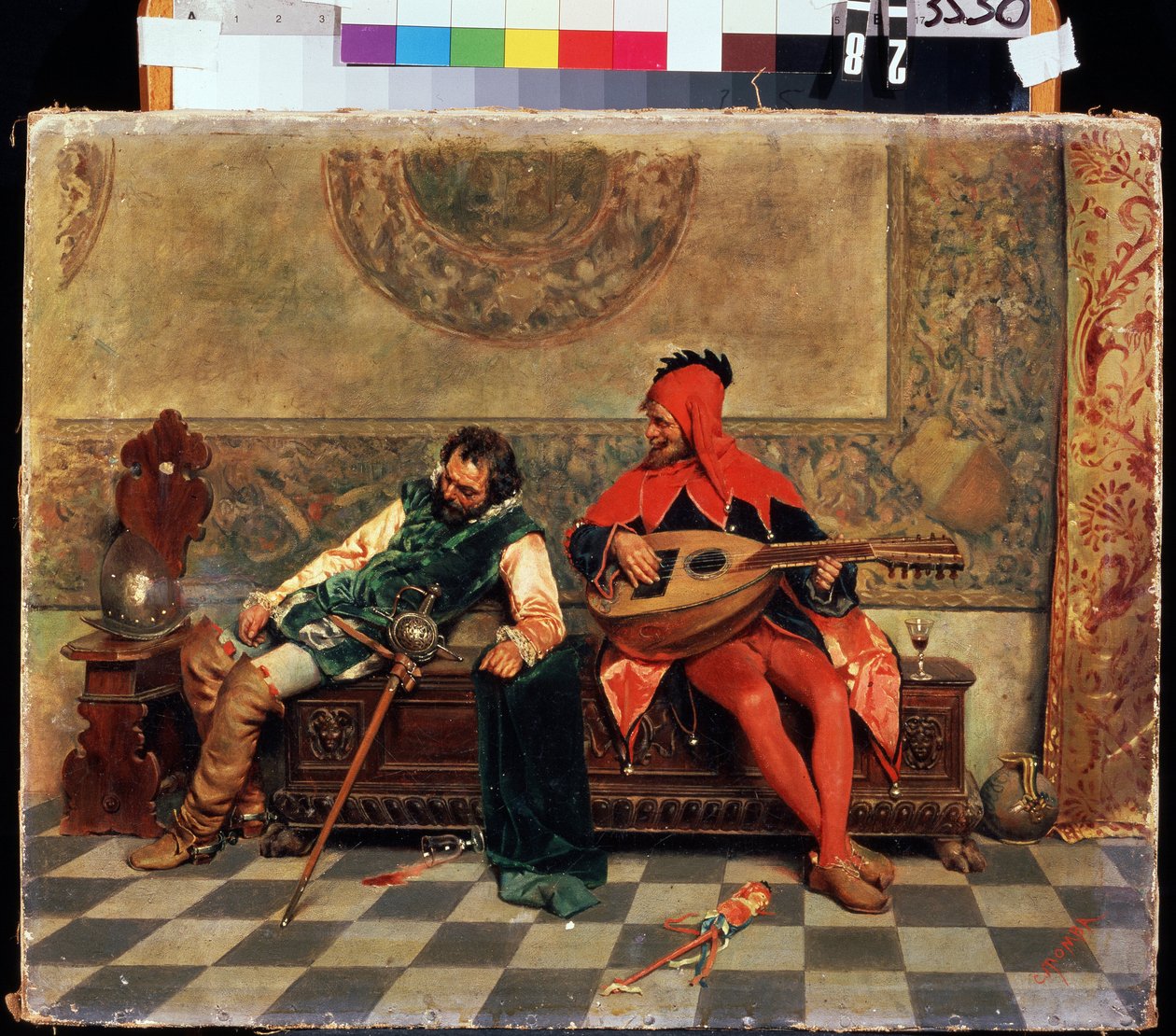 Guerreiro bêbado e bobo da corte. Pintura de Casimiro Tomba (1857-1929). Óleo sobre tela, 37 x 47 cm. Arte italiana do século XIX. Museu de Arte M. Kroshitsky, Sebastopol. de Casimiro Tomba