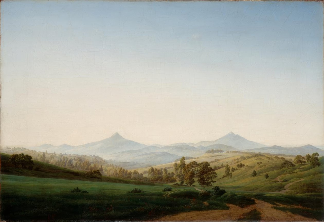 Paisagem boêmia com o Milleschauer de Caspar David Friedrich
