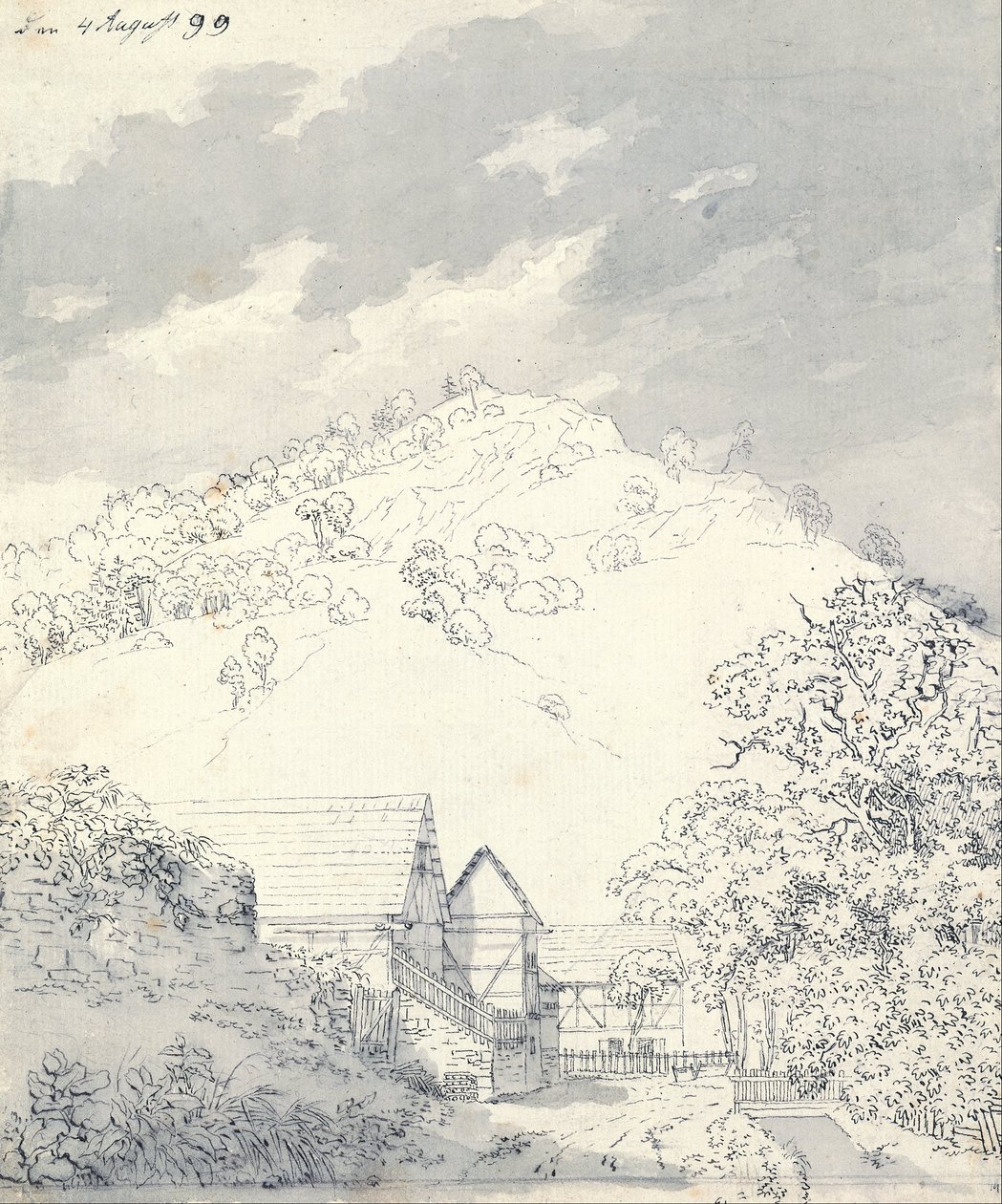 Casas de fazenda por uma encosta de Caspar David Friedrich