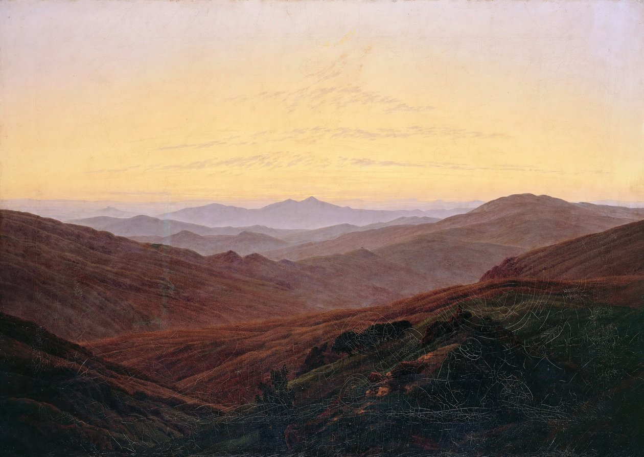 Montanhas gigantes - Antes do nascer do sol nas montanhas de Caspar David Friedrich