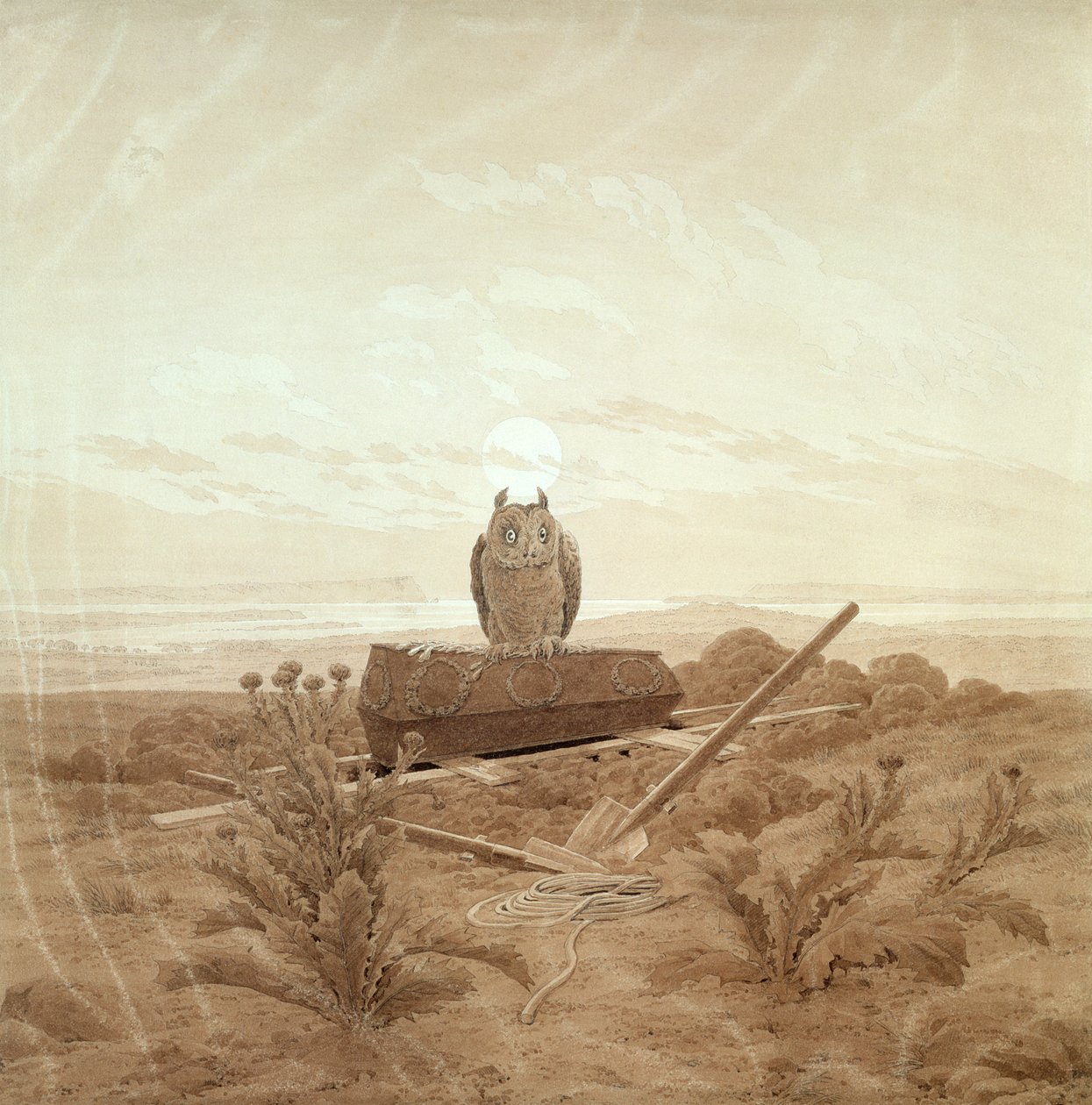 Paisagem com sepultura, caixão e coruja (tinta sépia e lápis sobre papel) de Caspar David Friedrich