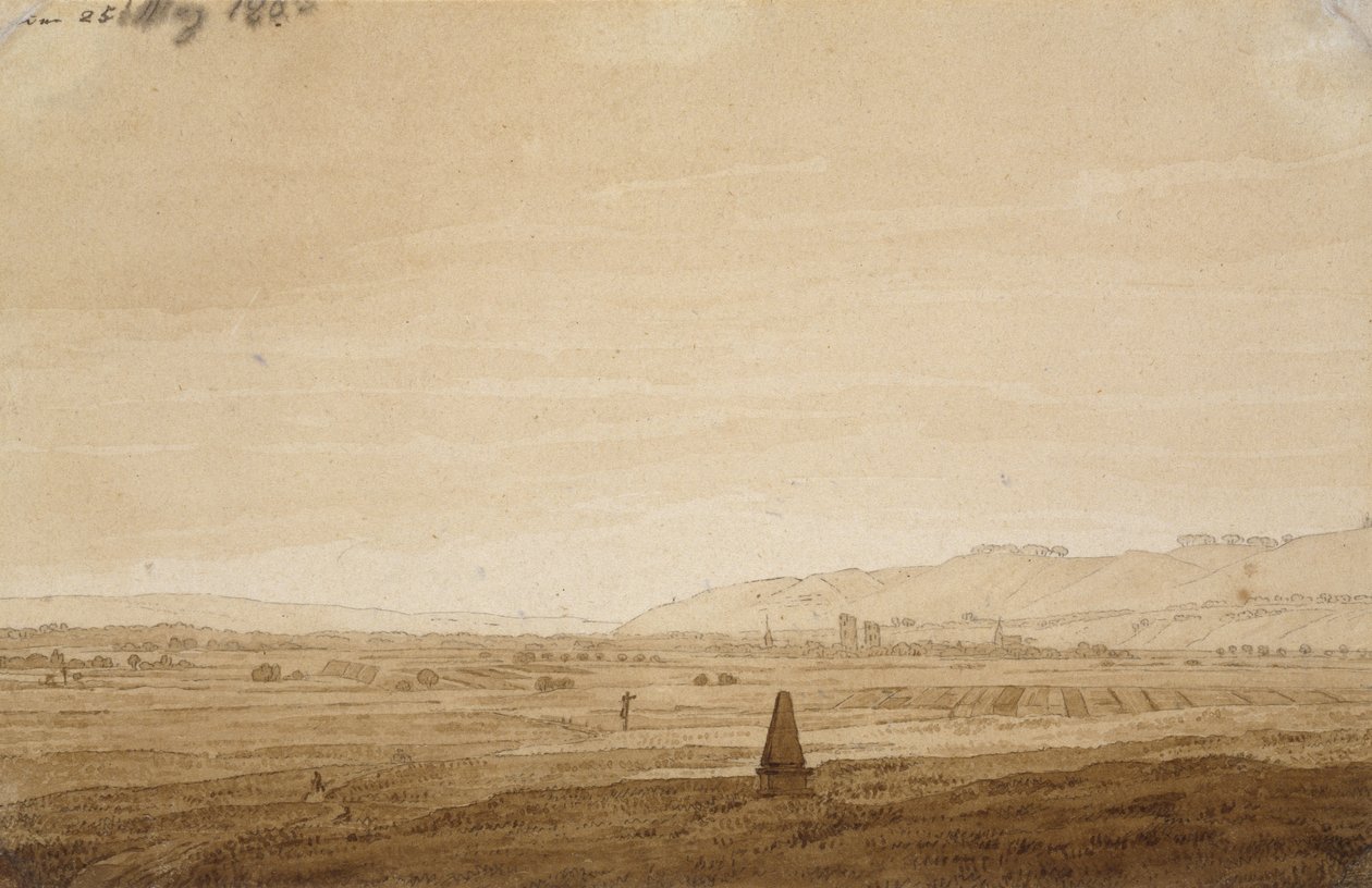 Paisagem com um Obelisco, 1803 (ponta do pincel em tinta marrom e sépia em papel branco) de Caspar David Friedrich