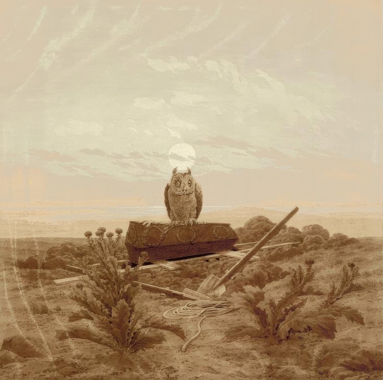 Paisagem com sepultura, caixão e coruja de Caspar David Friedrich
