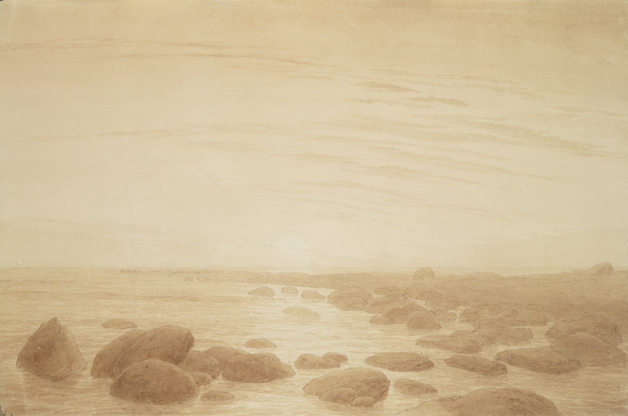 Nascer da lua no mar (pôr do sol através do mar) (tinta sépia e lápis sobre papel) de Caspar David Friedrich
