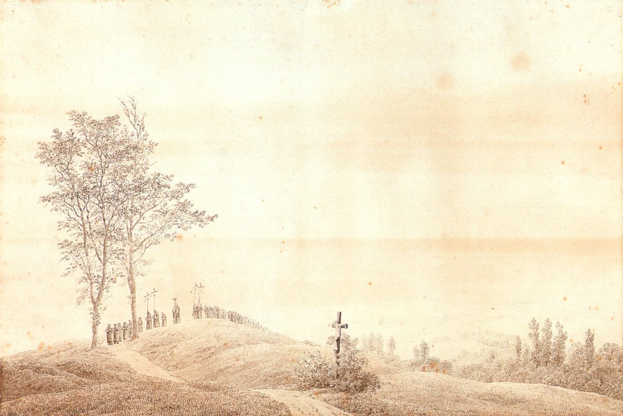 Peregrinos treinam ao pôr do sol de Caspar David Friedrich