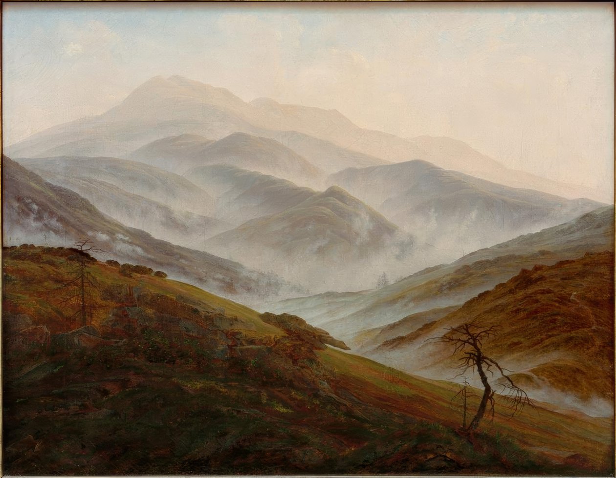 Paisagem de montanhas gigantes com névoa ascendente de Caspar David Friedrich