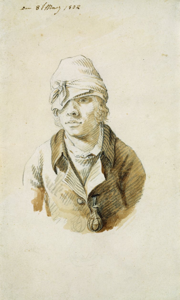 Auto-retrato com boné e tapa-olho, 8 de maio de 1802 (lápis, pincel e wc sobre papel) de Caspar David Friedrich