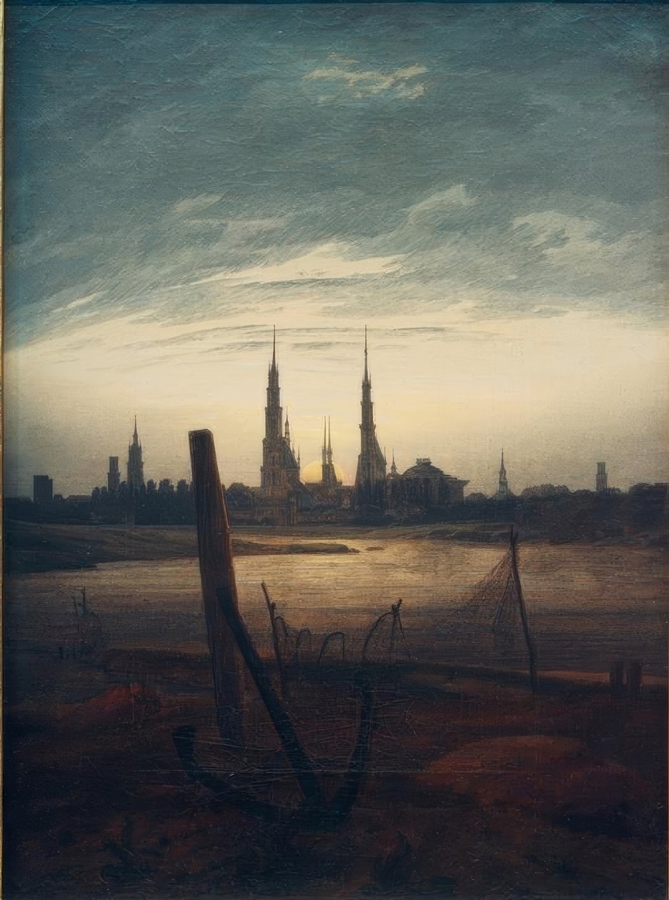 Cidade ao nascer da lua de Caspar David Friedrich