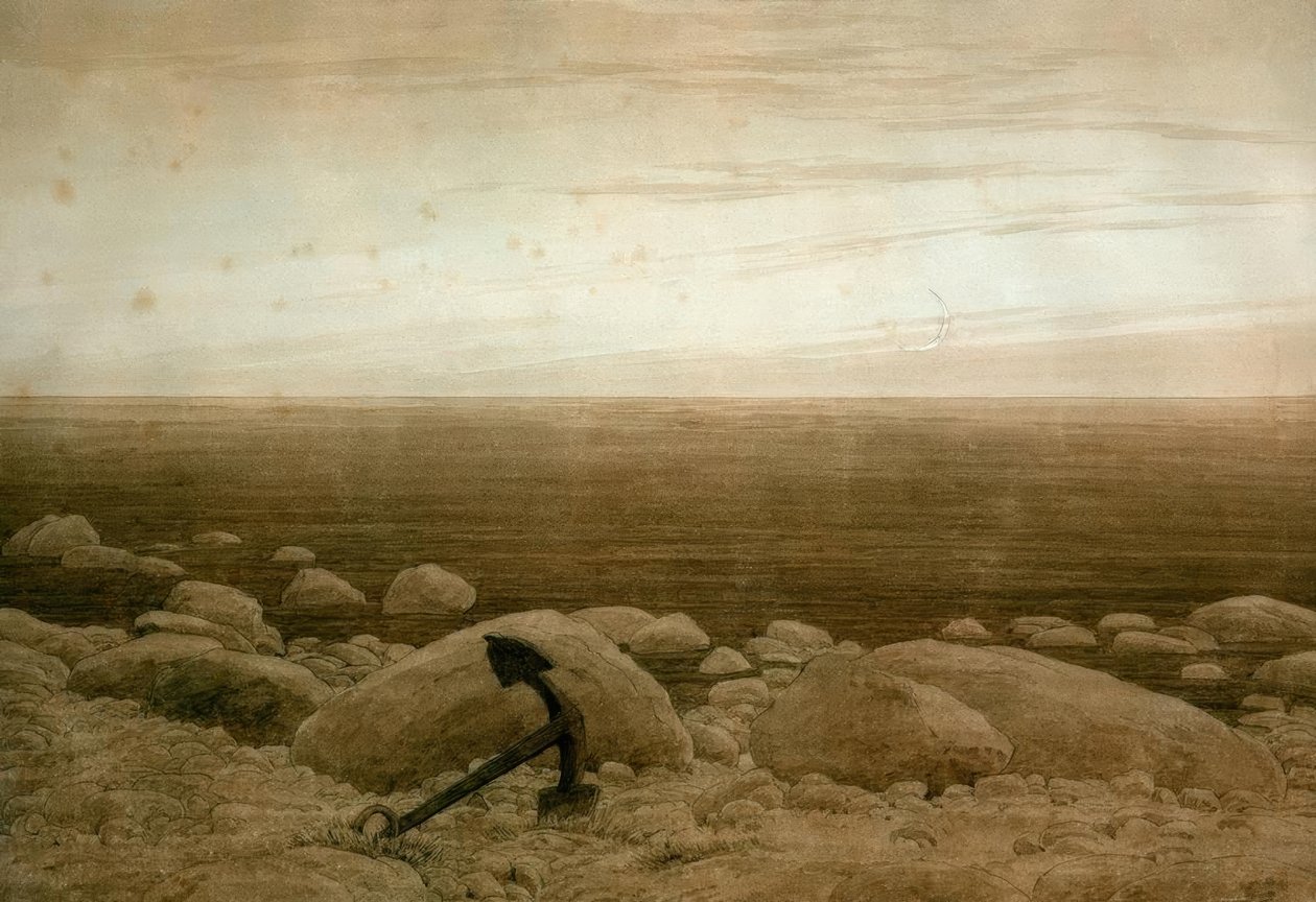 Praia pedregosa com âncora e lua crescente de Caspar David Friedrich