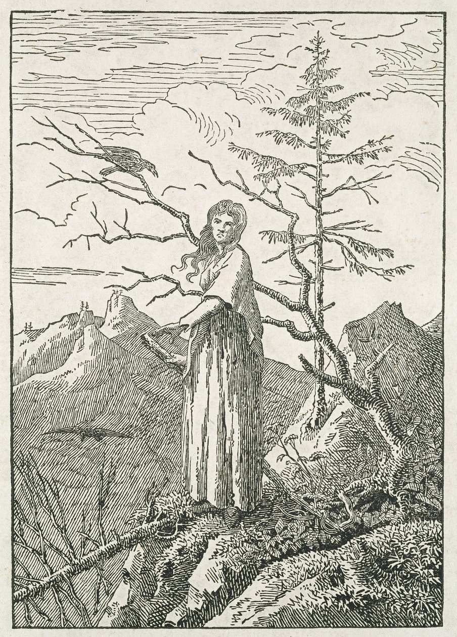 Mulher com um corvo, à beira de um precipício de Caspar David Friedrich