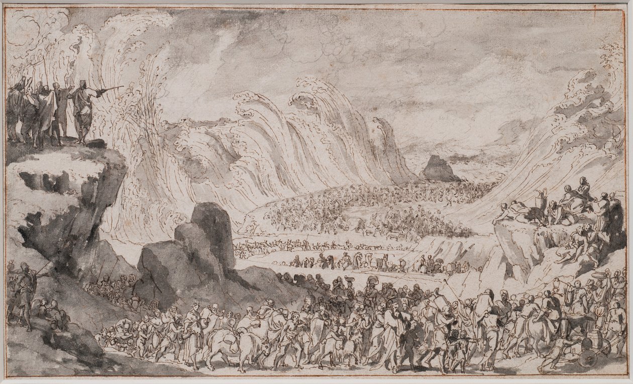 Moses Parting the Red Sea (giz, caneta e tinta e papel) de Caspar Luyken