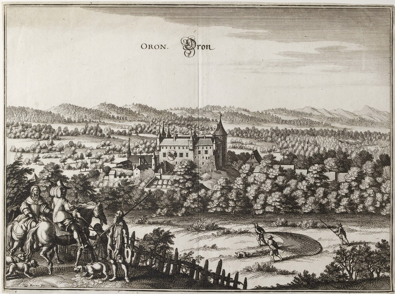 Vista do Castelo de Oron, Suíça, 1653 de Caspar Merian