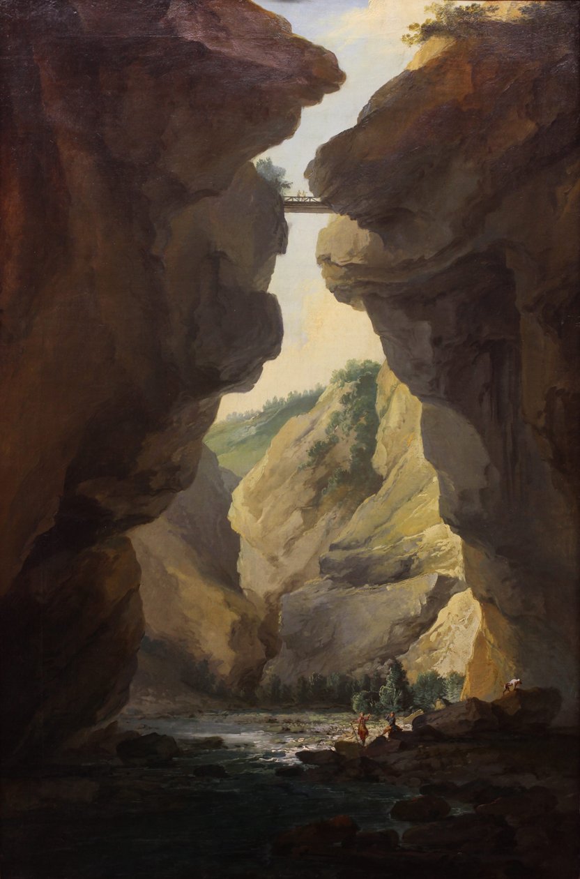 Ponte, e, desfiladeiros, de, Dala, rio, em, Leuekerbad, vista, direção, a, montanha de Caspar Wolf