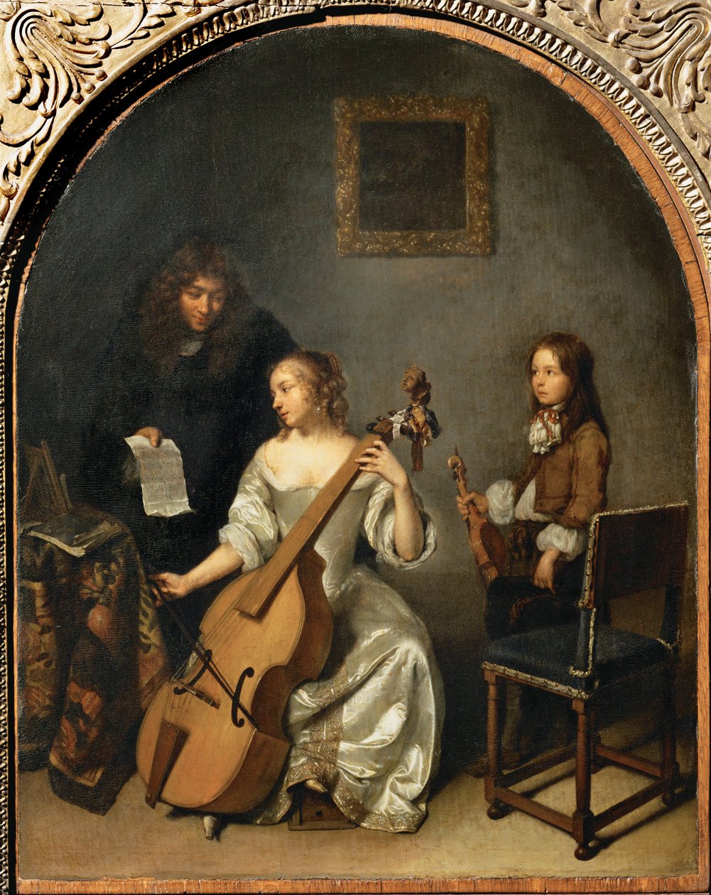 La lecon de basse de viol - A lição de violoncelo ... de Caspar (studio of) Netscher