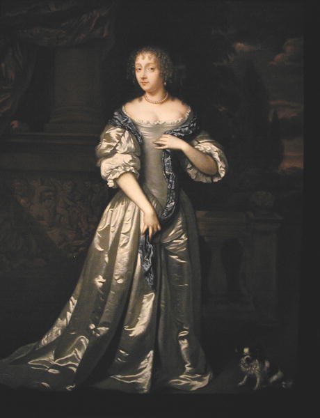 Retrato de Lady Philippa Stanton e do seu cão em pé num terraço por um friso esculpido (óleo sobre tela) de Caspar (studio of) Netscher