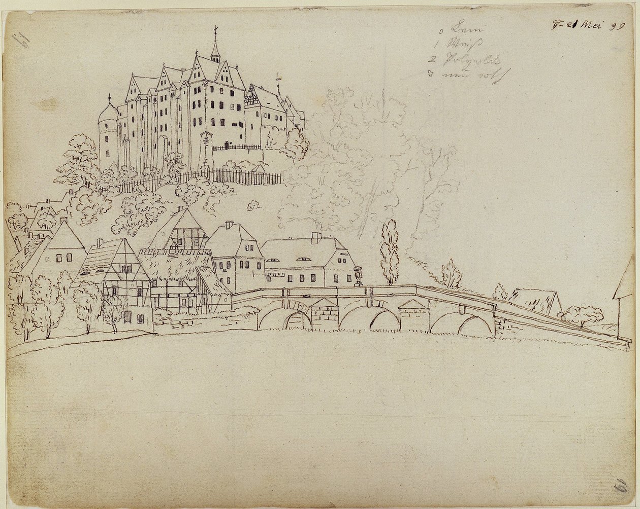 Vista de Nossen, na Saxónia, com o castelo e a ponte de Caspar David Friedrich