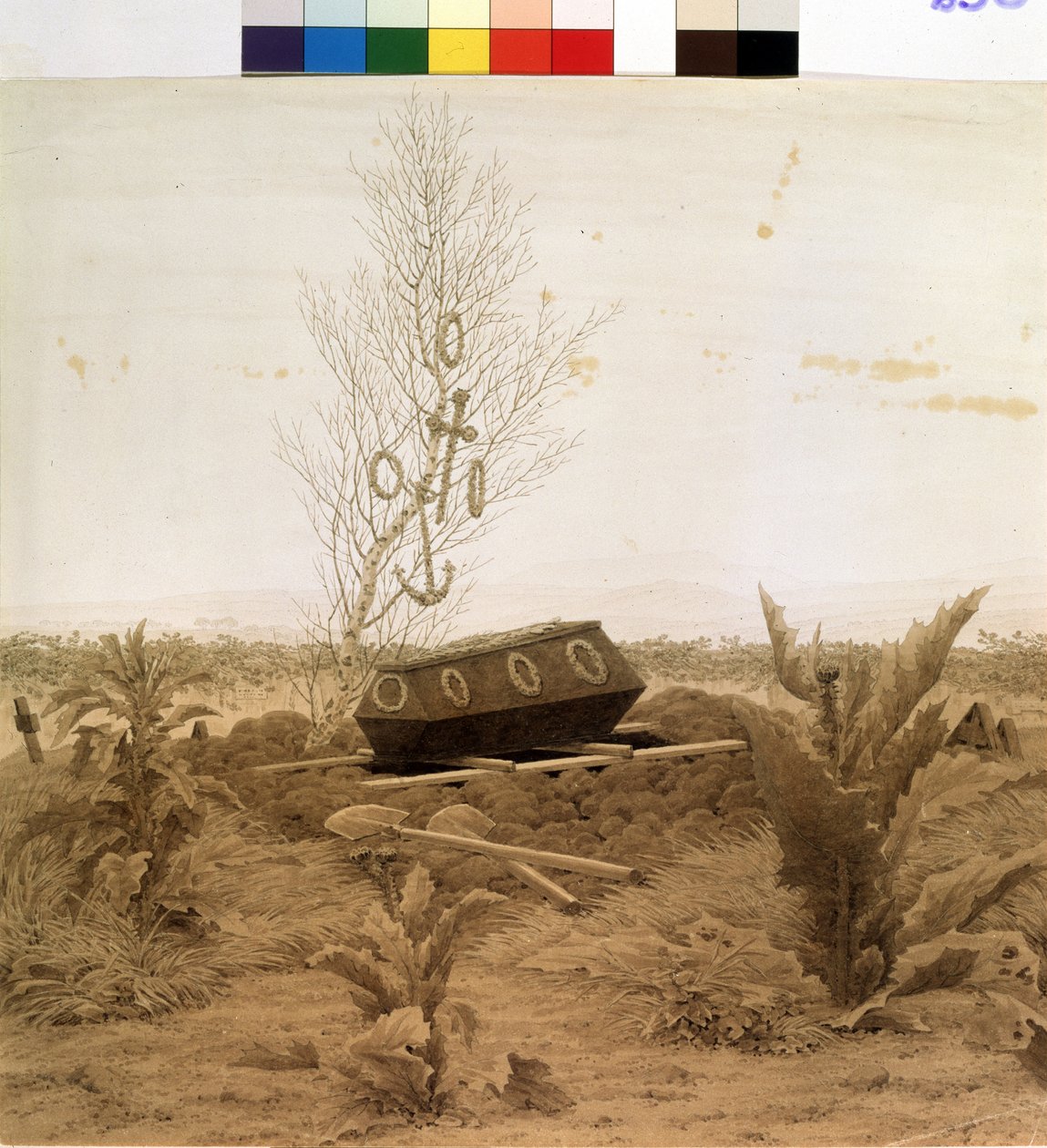 "À beira da cova" Um caixão prestes a ser baixado ao fundo da cova. Desenho de caneta por Caspar David Friedrich (1774-1840) por volta de 1830 Museu Pushkin, Moscou de Caspar David Friedrich