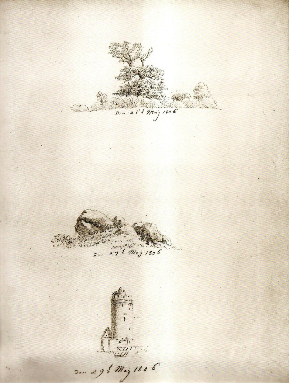 Árvore, carrinho de mão e torre de Caspar David Friedrich